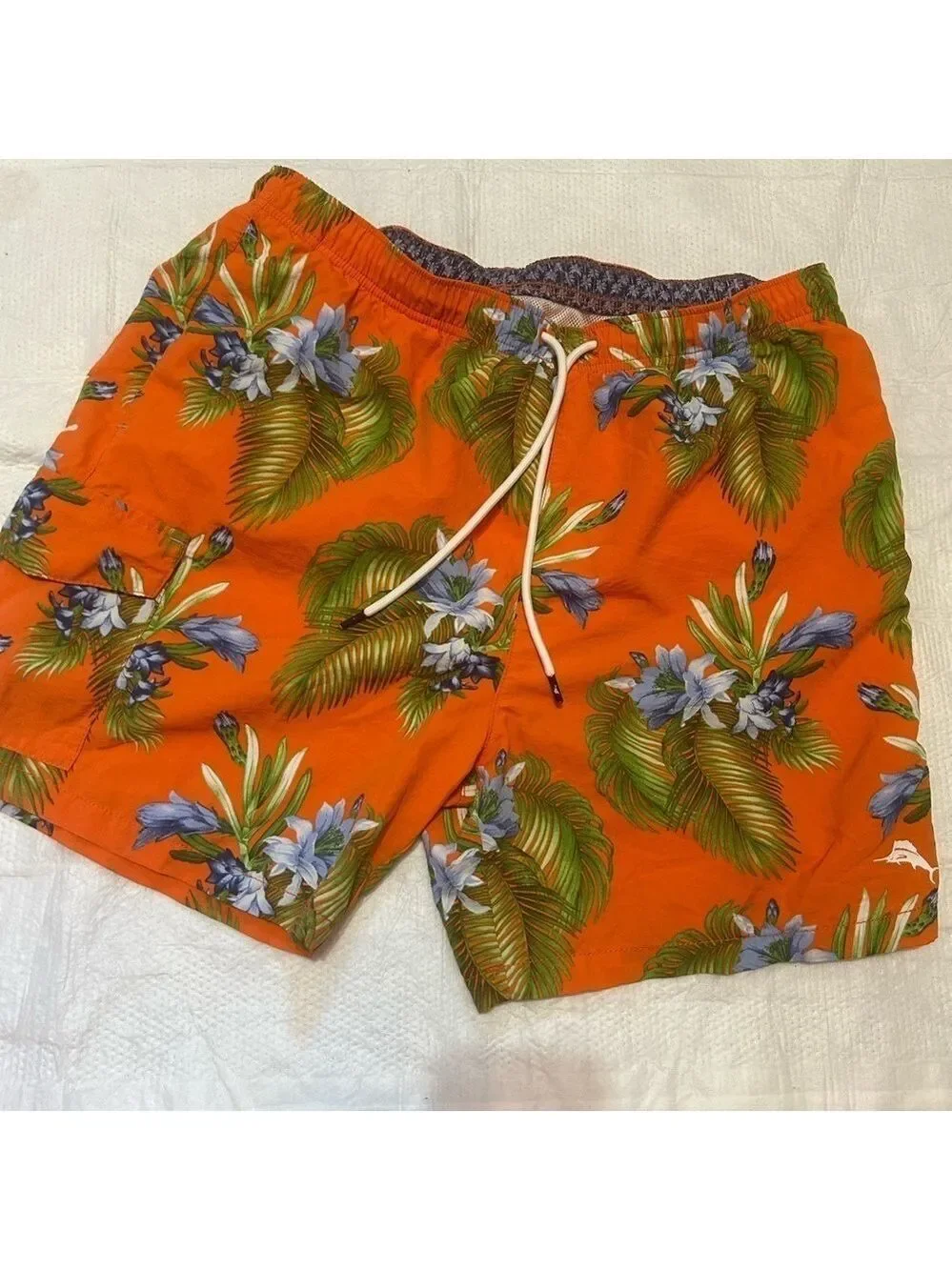 Tommy Bahamas Naples Swim Trunks Tropical Large Drawstring Orange Green Pockets